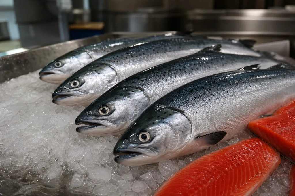 Whole wild Bristol Bay sockeye salmon on ice beside fresh ruby-red fillets